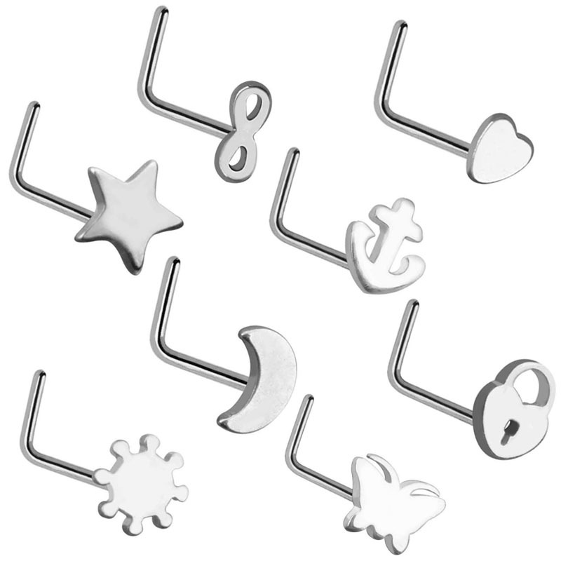 Foreign trade new stainless steel nose nail 7 word nose ring puncture jewelry 8 pcs/lot