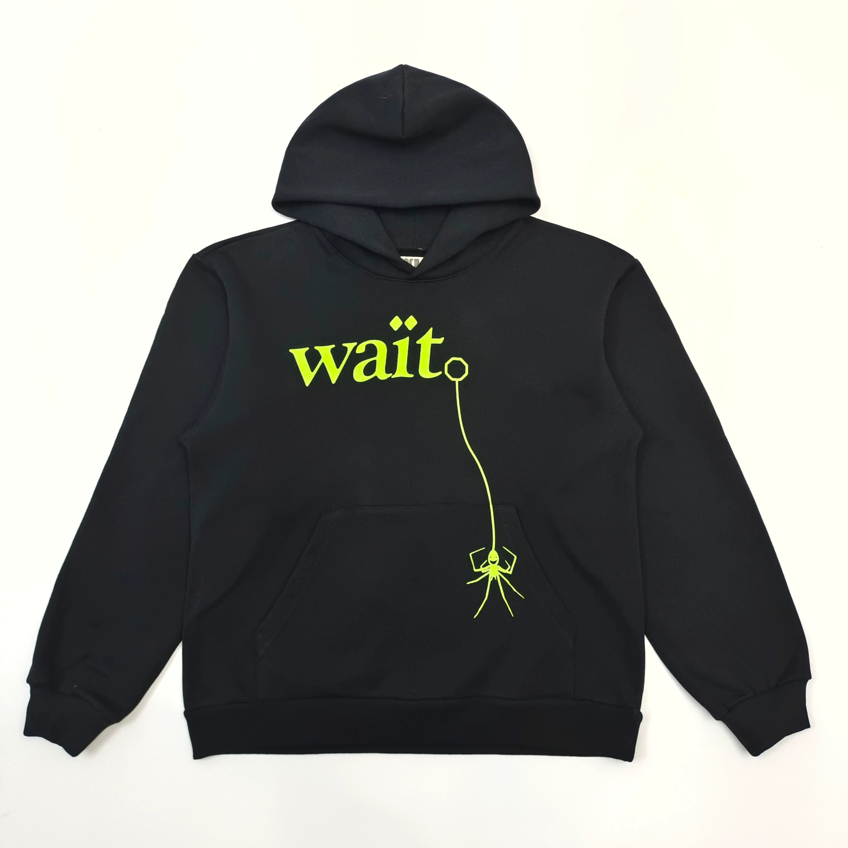 SP5DER Waiting Series Black Hoodie, European and American High Street Trendy Style