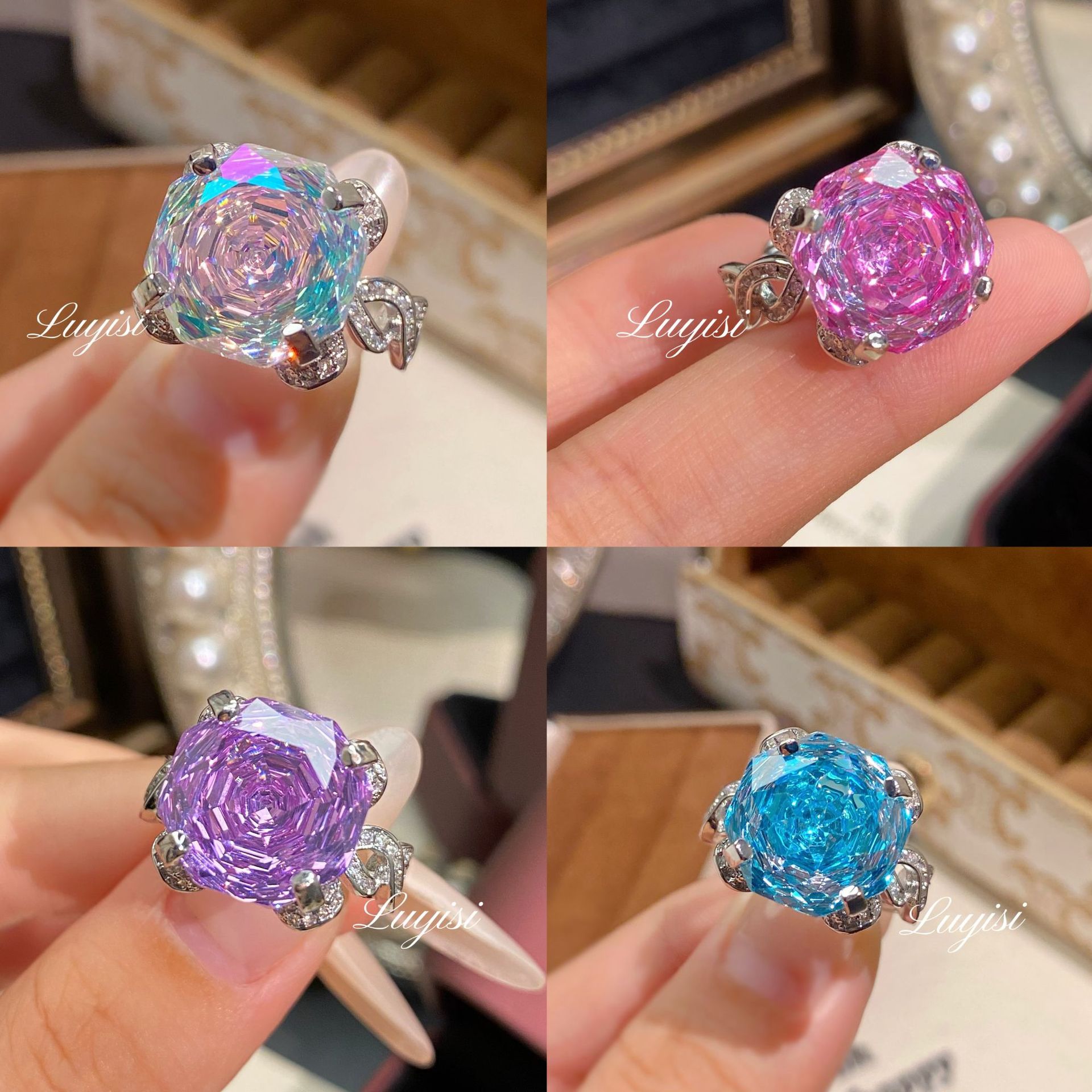 15 Carat Oversized Octagonal Millennium Rose Cut Aquamarine Ring Inlaid with High Carbon Diamond Princess Anna Dazzling Green and Purple Women's Ring