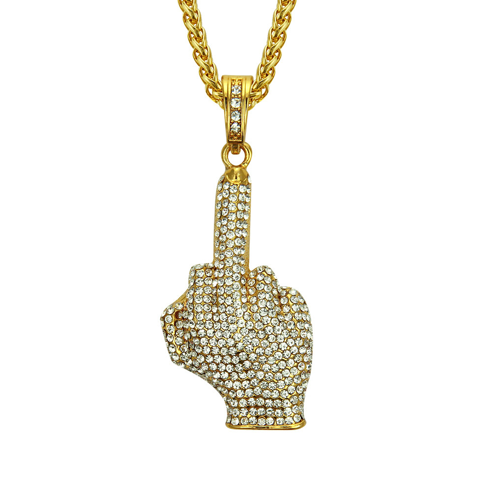 AliExpress e-commerce supply domineering men's middle finger diamond pendant gold necklace personalized trend jewelry