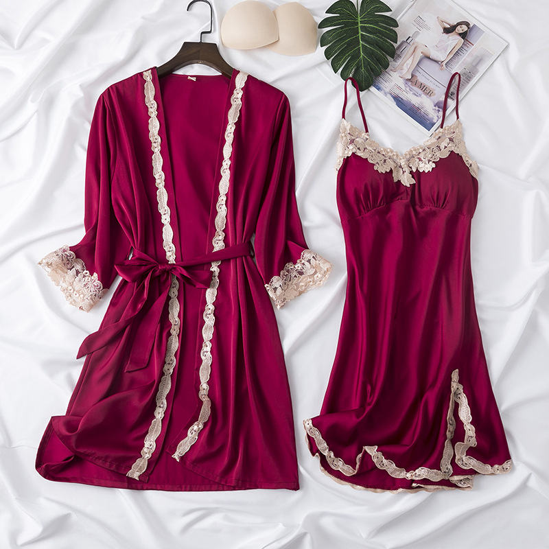 Internet celebrity sexy pajamas women's summer ice silk strap nightdress nightgown two-piece set with chest pad artificial silk home wear