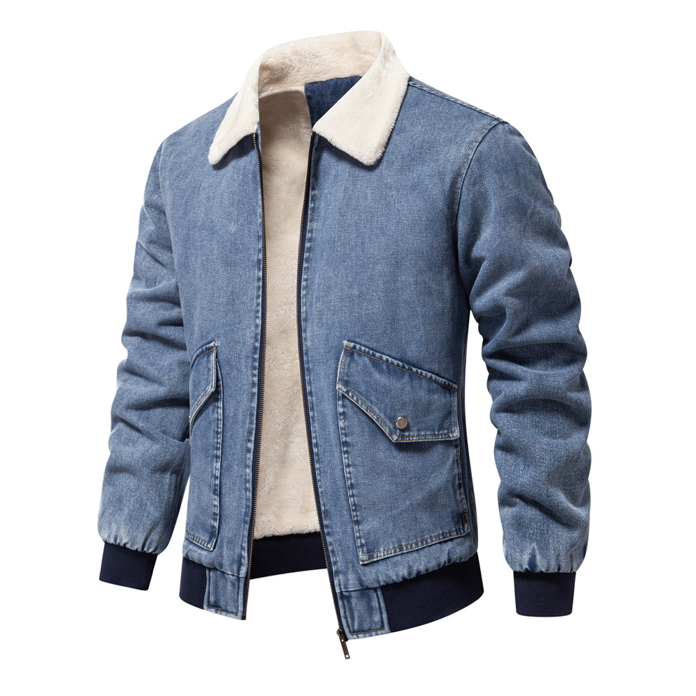 Autumn and Winter New Arrival fleece-lined Denim Coat Cross-border Casual Washed Men's Denim Top Thickened Men's Cotton Jacket