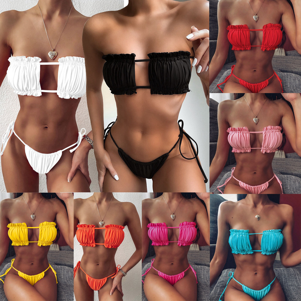 2025 European and American New Swimsuit Amazon Aliexpress Wish Sexy Pleated Cut Out Bikini Export Bikini