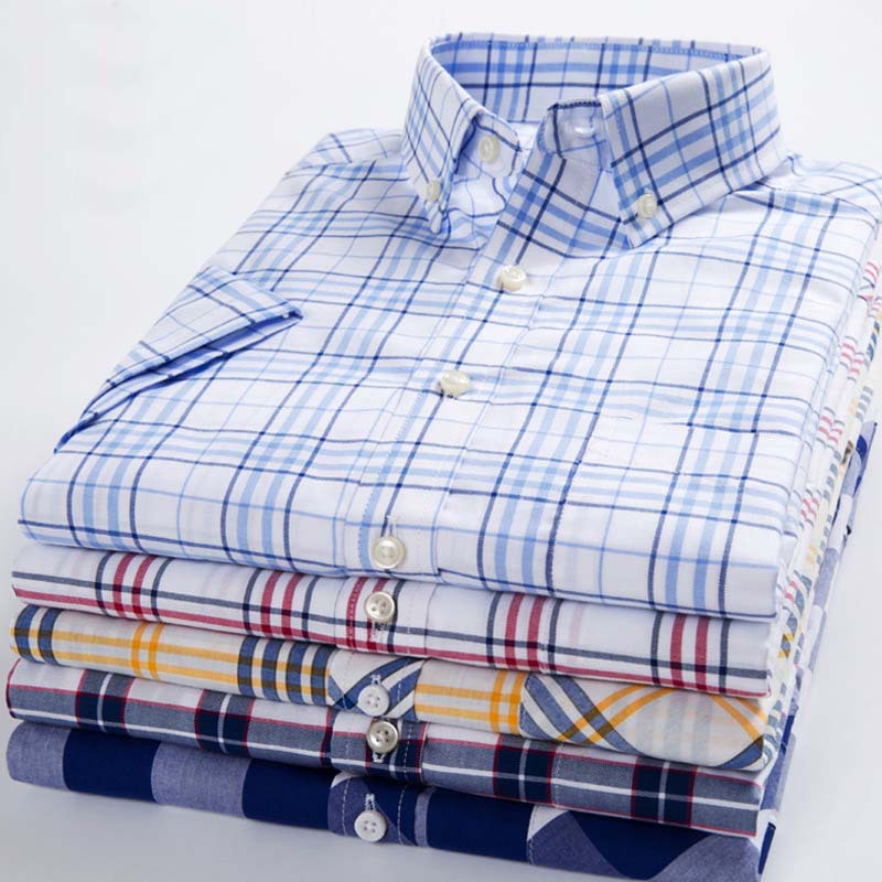 Summer Pure Cotton Short-sleeved Plaid Shirt Fashion Youth Pure Cotton Washed Daily Casual Shirt Business Slim-fit Top