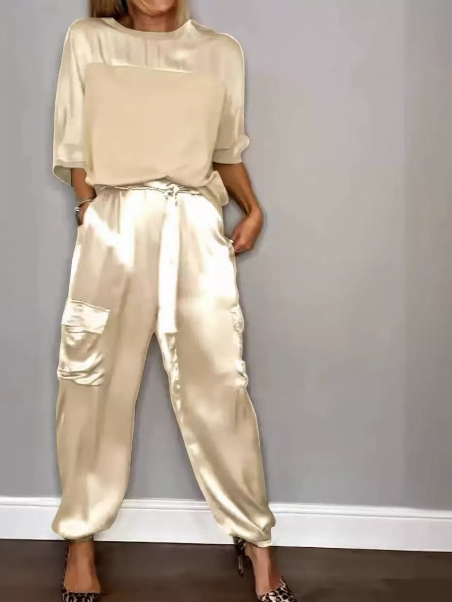 2025 Amazon Aliexpress European and American Cross-Border Fashion Women's Smooth Satin Half-Sleeved Tops and Pants Set Two-Piece Set