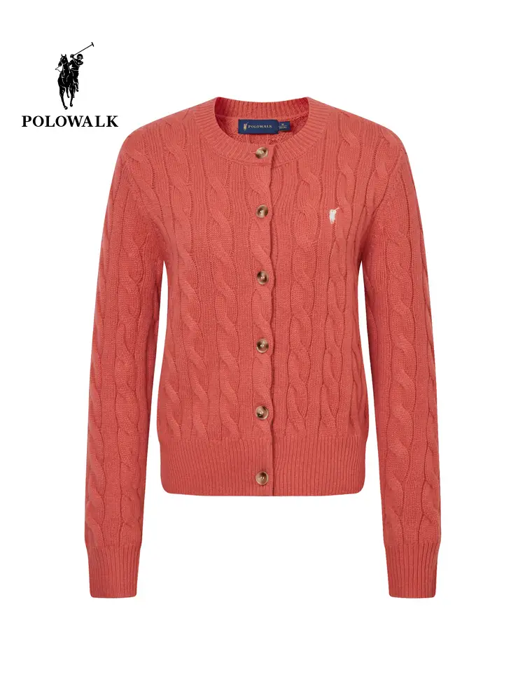 [100% Sheep Wool] Polowalk Wool Knitting Cardigan Women's Fall and winter Styles Round Neck Cable Knitwear Sweater