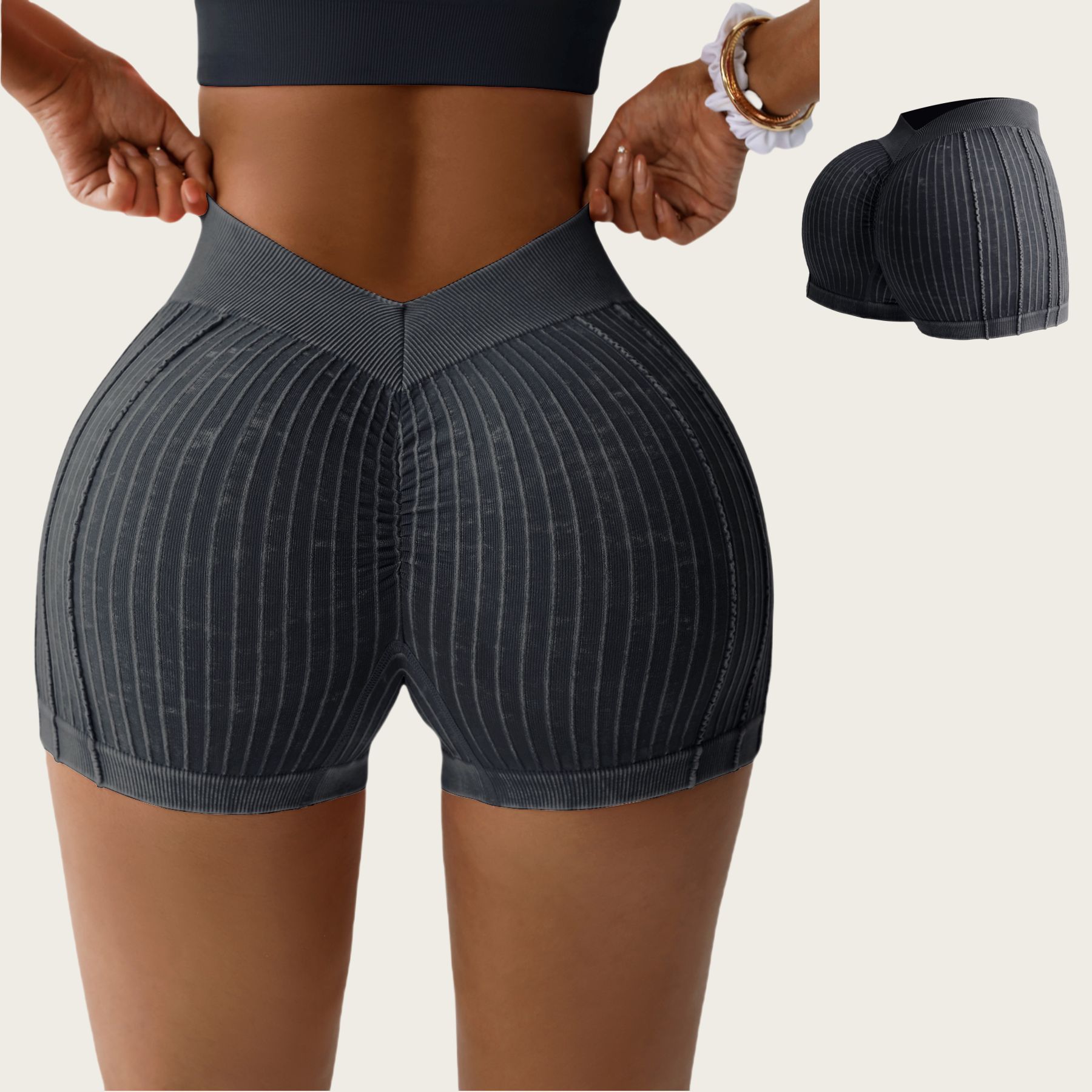 New High-Elastic Fitness Clothing with V-Waist Peach Butt Lift, Sand-Washed Ribbed High-Waist Design for Outdoor Yoga Activities