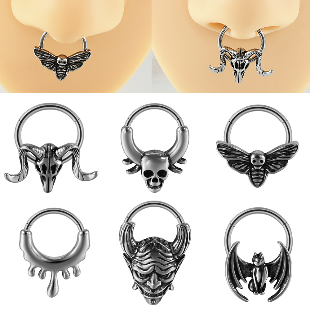 Cross-border fashion ancient silver butterfly nose ring stainless steel ghost head cow head earrings bat puncture buckle nose ring
