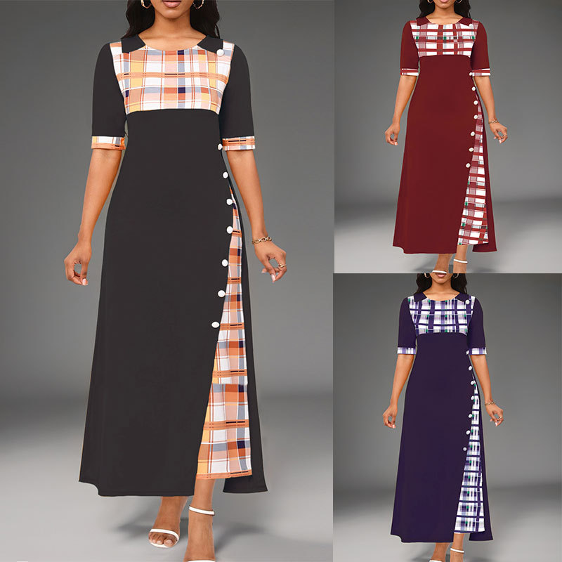 Large Stock of 2026 New Dresses, Amazon's Hot-Selling Round-Neck Color-Blocked Mid-Sleeve Irregular Long Dress