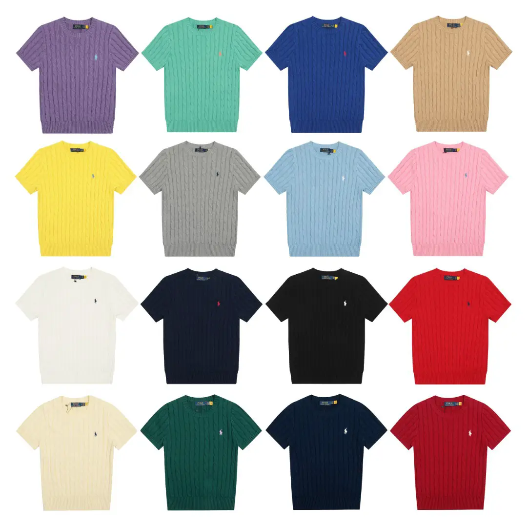Foreign Trade Summer RL Raff Horse Embroidery Small Label Twist Knitted Round Neck Short Sleeve Ins College Style Casual Top
