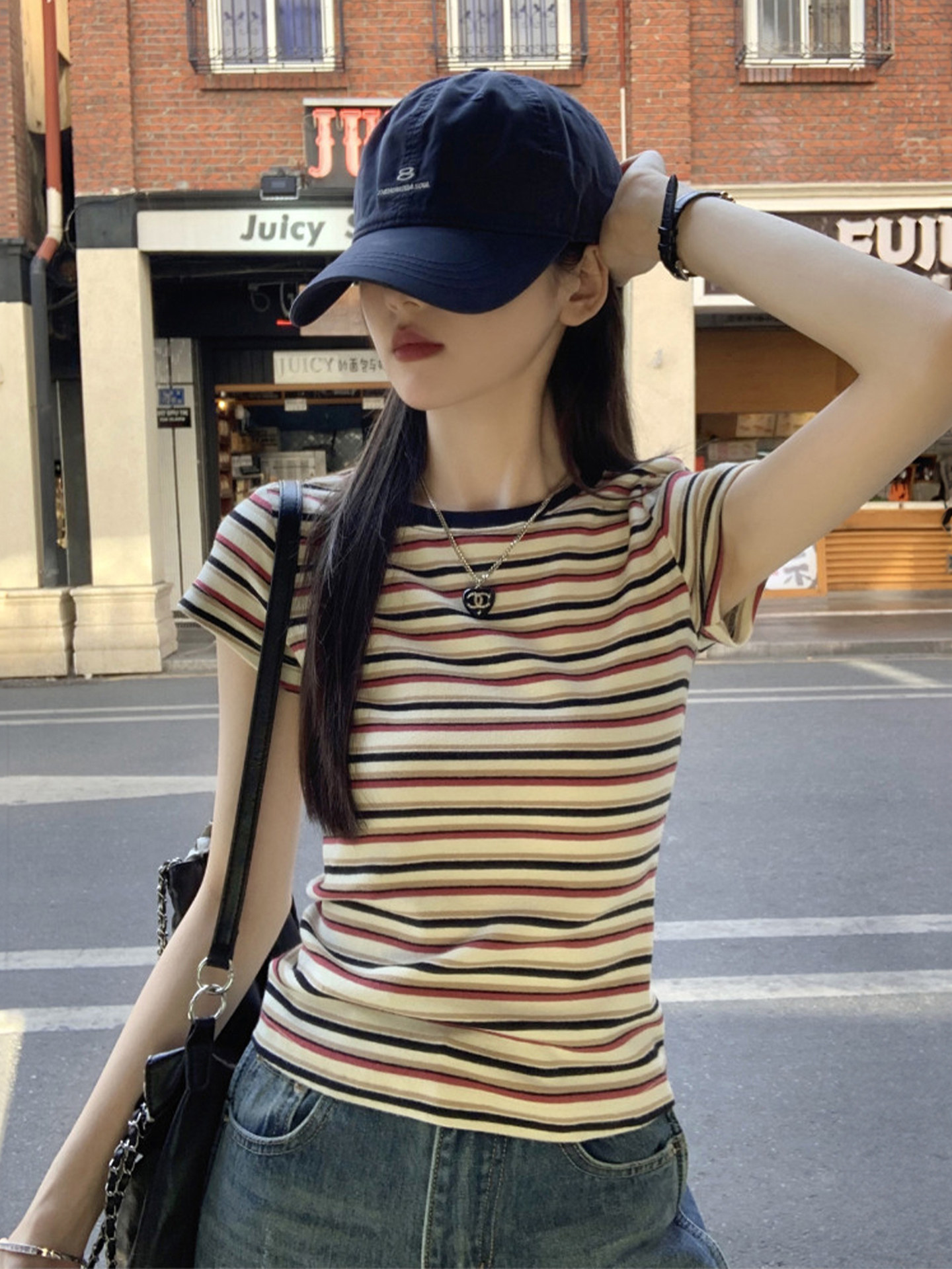 Cross-Border American Retro Striped Straight-Shoulder Short-Sleeve Women's T-Shirt 2026 New Summer Slim-Fit Flattering Inner Short Top