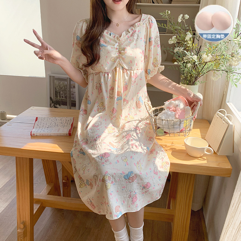 Short-Sleeved Nightgown for Women with Breast Pads, Cloud Cotton Summer New Sweet Ins Style Fungus Sleeves Mid-Length Dress