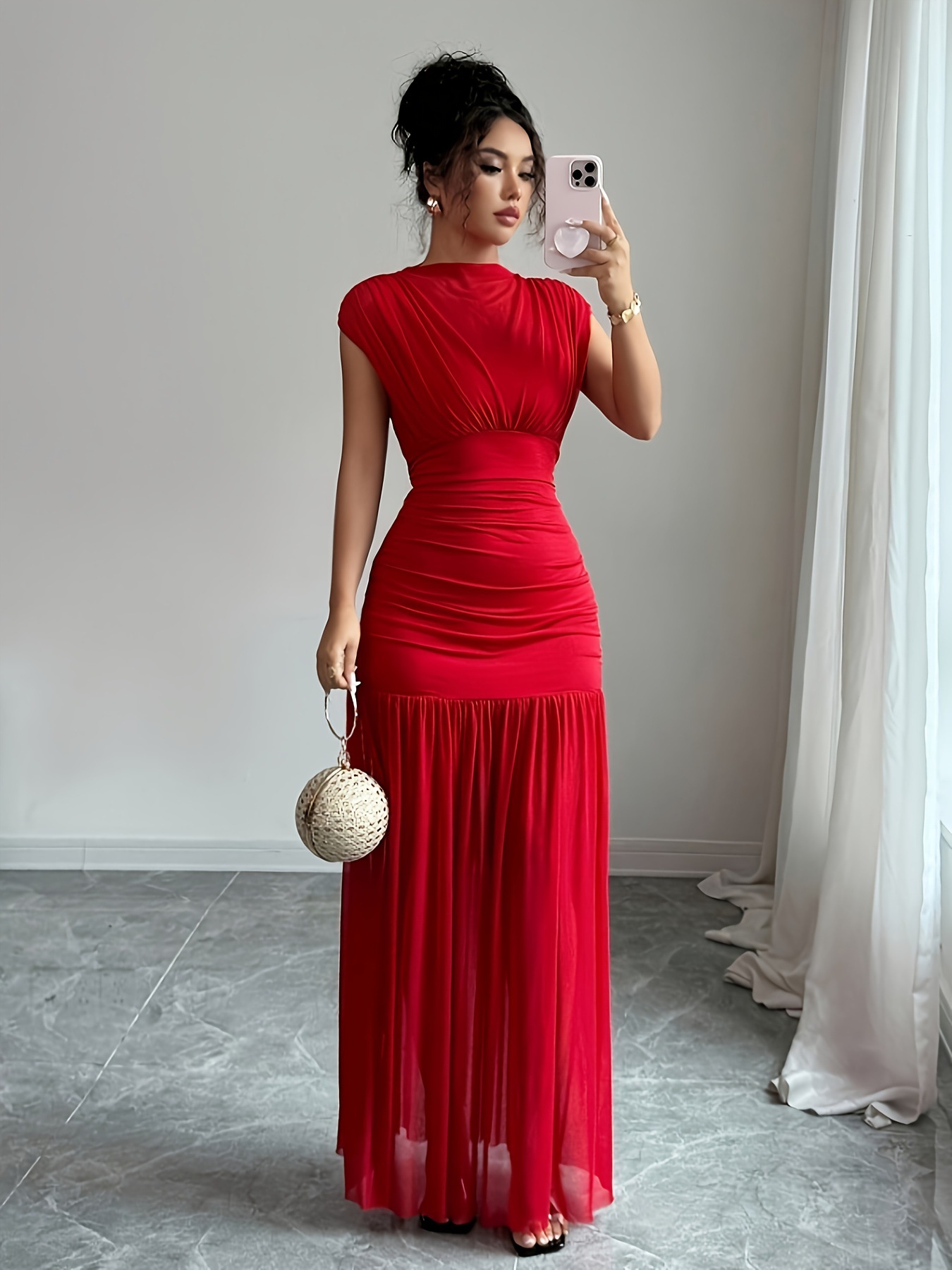 Ladies' New Fashionable and Elegant Red Boat-Neck Sleeveless Sexy Hollow-Out Mesh Pleated Waist-Cinching Long Dress