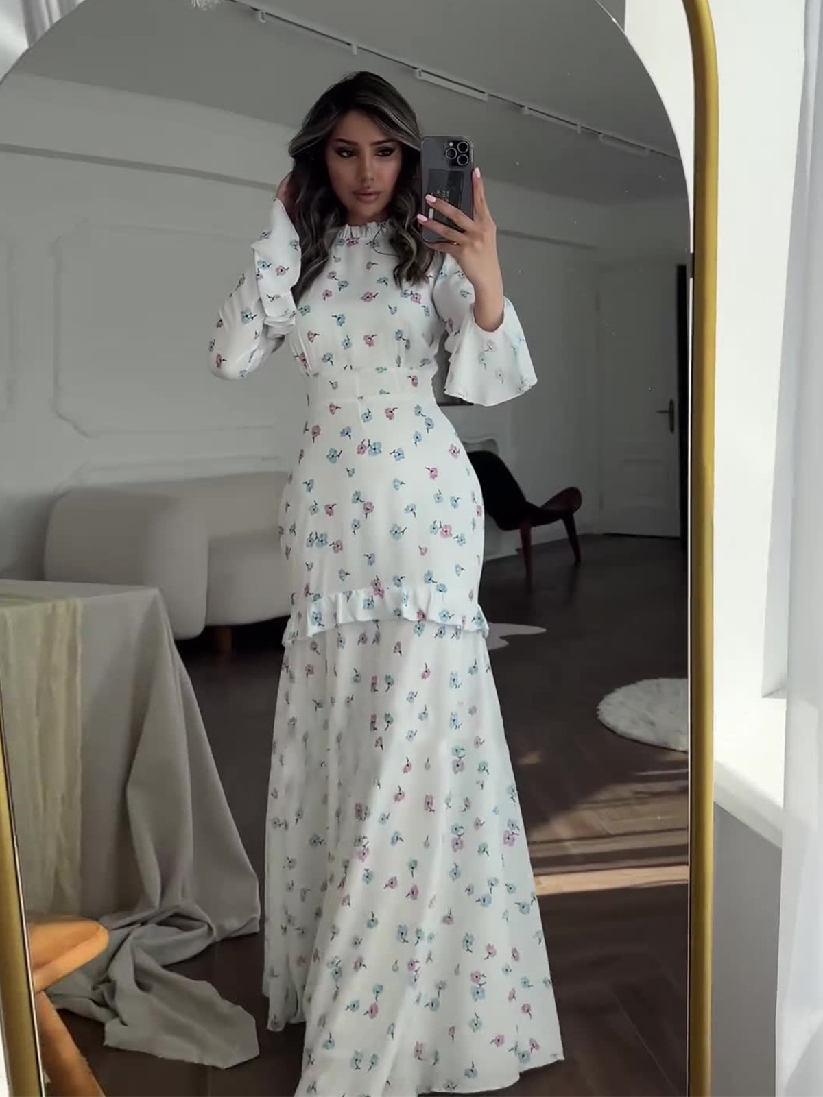 Amazon European and American Cross-Border 2026 Spring Gentle Style Fresh Floral Ruffle Long Dress