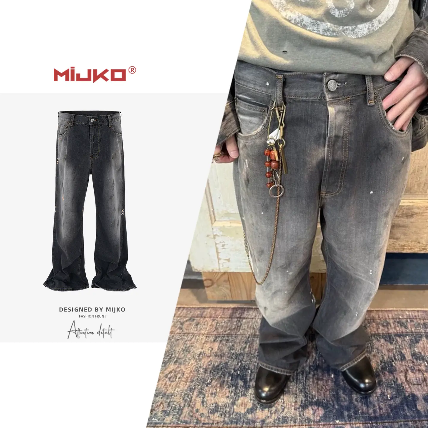 MIJKO男装女涂绘泼墨设计牛仔裤男女同款中性微喇阔脚黑灰色长裤