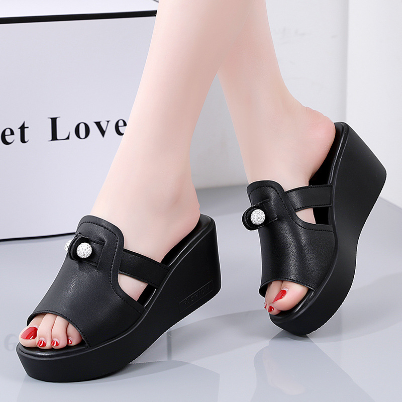 Cross-Border Large Size Foreign Trade Slippers for Women's Outer Wear Summer New Wedge Heel Round Toe Rhinestone One-Line Fish Mouth Sandals for Women