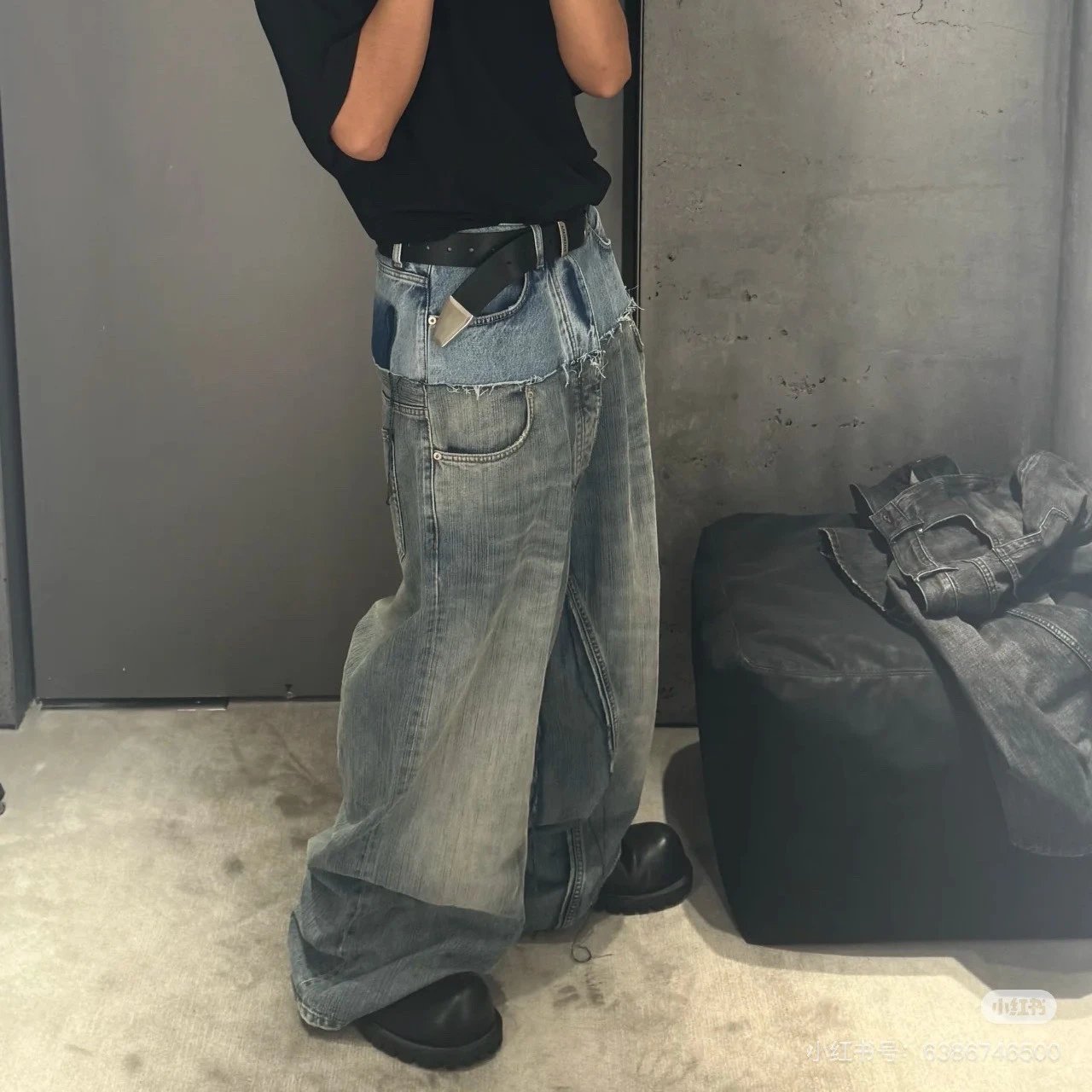 blsj 裤子 宽松大码 牛仔裤 双拼