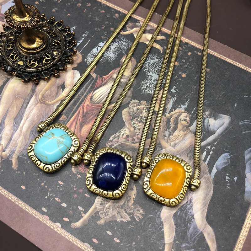 Copper Plated Old Gold Retro Style Return Lapis Lapis Turquoise Topaz Inlaid Necklace Elegant All-match Wool Chain