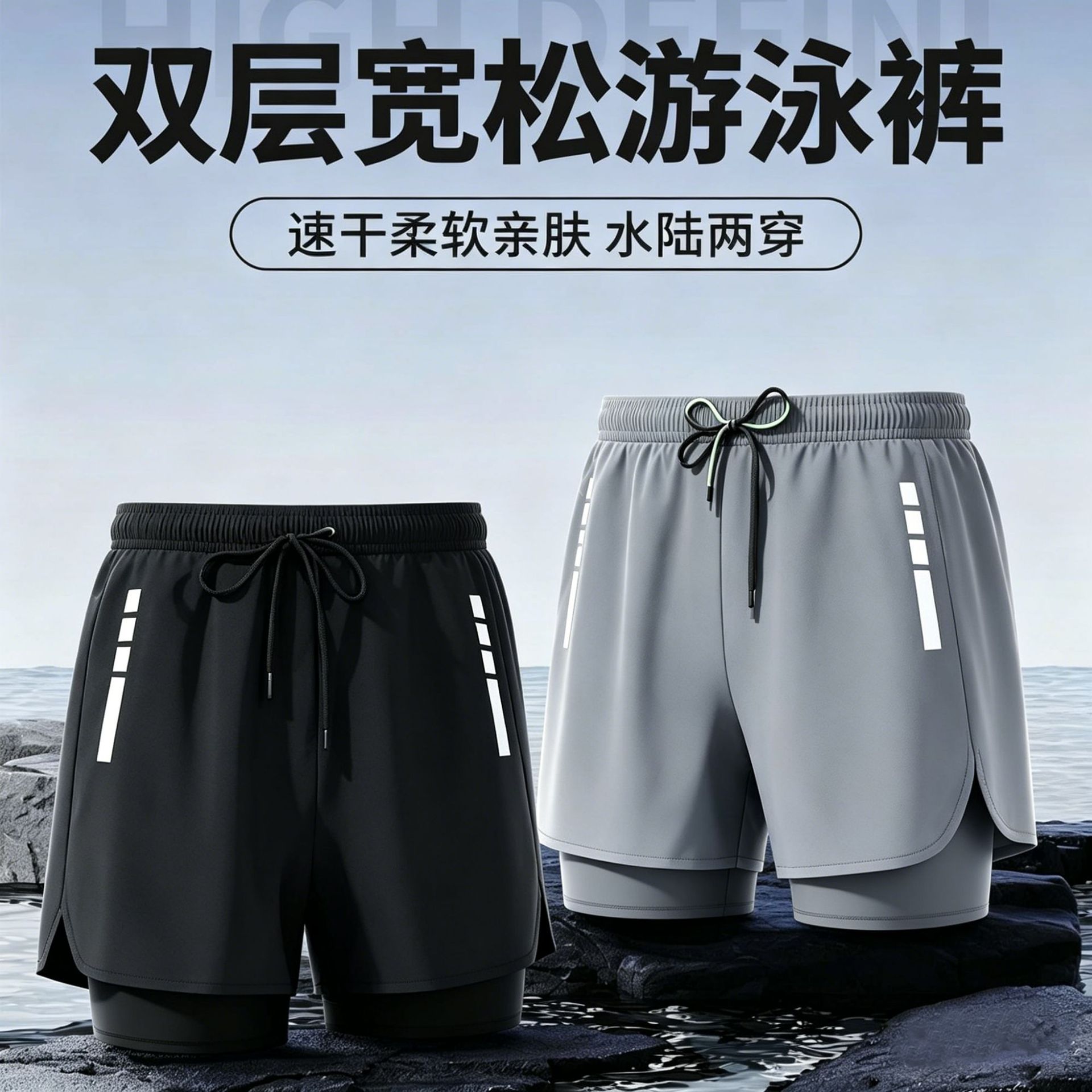 Summer Beach Double-Layer Swimming Trunks for Men, New Style Anti-Embarrassment Hot Spring Swimming Trunks, Large Size Men's Quick-Drying Casual Trunks