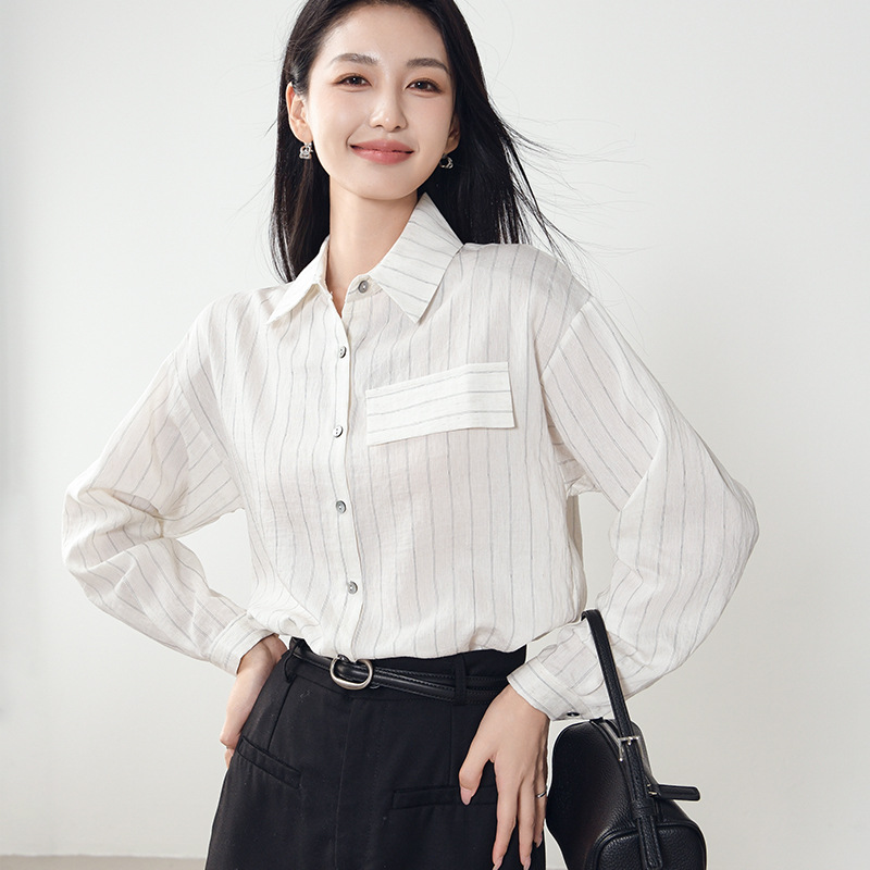 Spring Striped Shirt 2026 New Style Retro Textured Linen Casual Workwear Loose Long-Sleeved Top for Women Wholesale