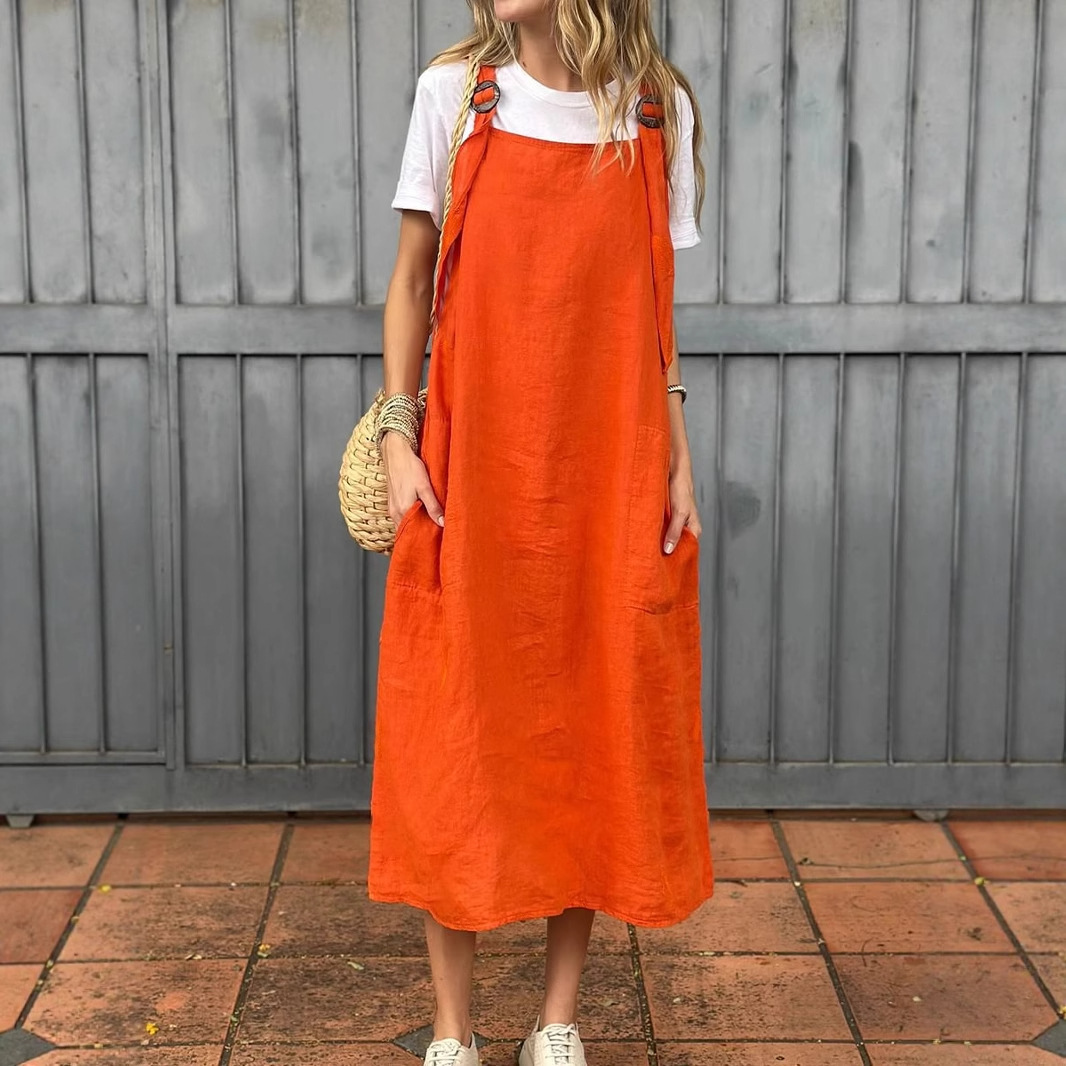 2025 Summer Export New European and American Amazon Women's Fashion Adjustable Shoulder Strap Casual Cotton and Linen Long Skirt