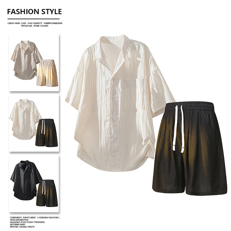 Wholesale summer fashion casual shirt short sleeve pants men's suit ruffian handsome hanging Hong Kong style suit men's cross-border