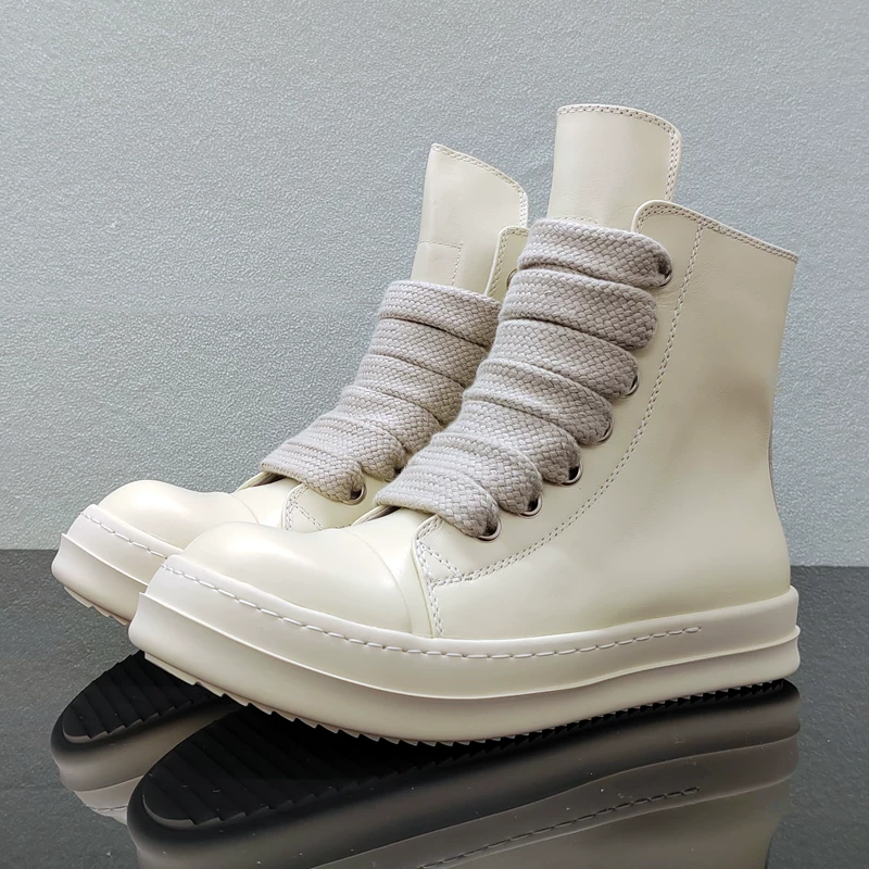 RO new shoes men's leather height increasing thick sole large hole thick wide shoelaces high board shoes women's casual white shoes short boots trendy