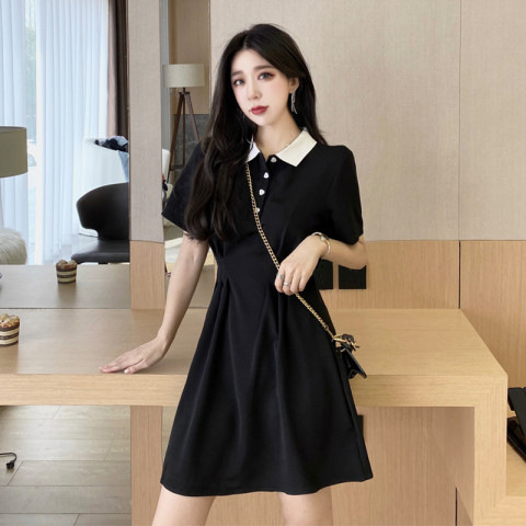 [High quality fabric] French waist small black dress female design niche high waist POLO lapel black dress