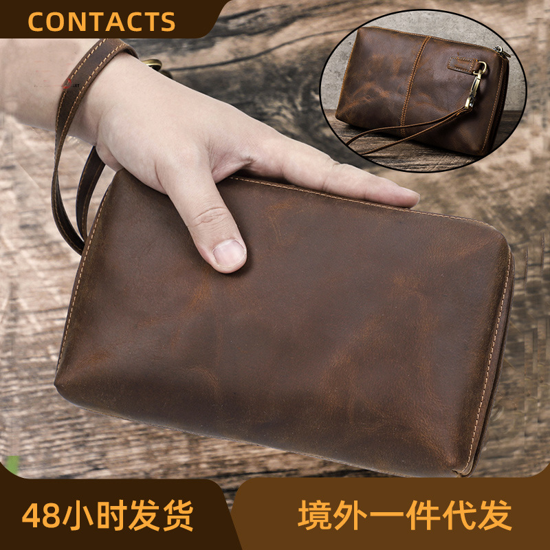 Black Angel RFID anti-theft brush retro Crazy Horse leather men's hand bag with wrist strap mobile phone storage bag