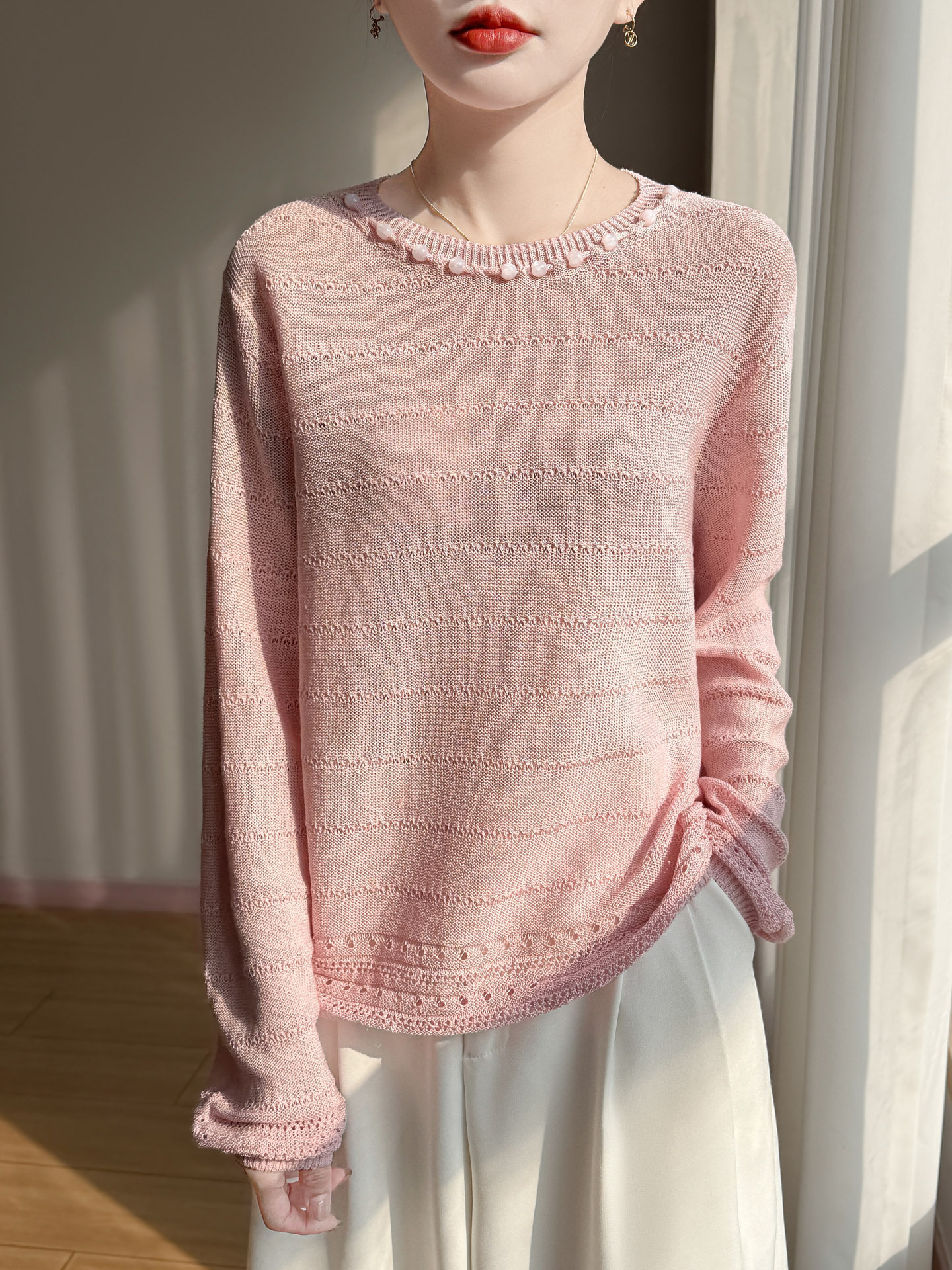 2026 Spring and Autumn New Silk Tencel Blend Pearl Round Neck Knitted Sweater Long Sleeve Hollow Out Loose Base Shirt for Women