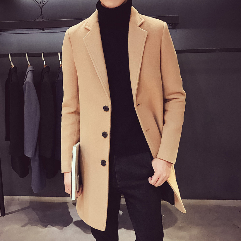 Foreign trade autumn and winter men's woolen coat Korean slim mid-length trench coat cotton and thickening woolen coat wholesale
