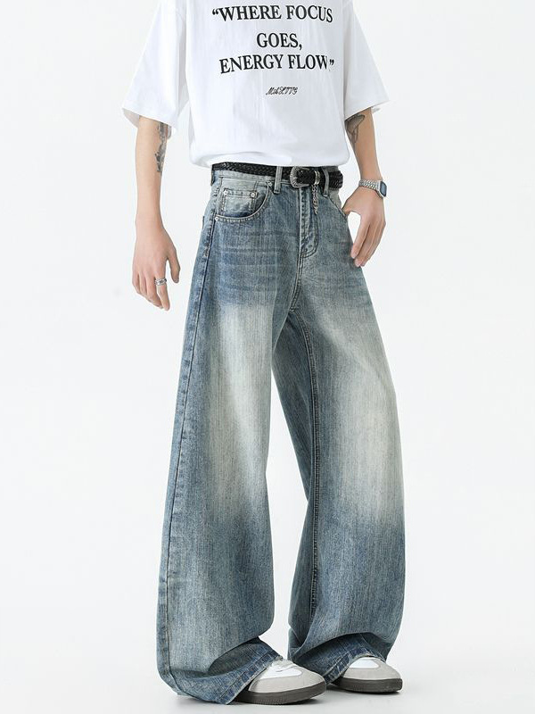 Mingge | American High Street Tide Brand Old Scimitar Jeans Men's Loose Wide Leg Micro-shaped Blue Long Pants