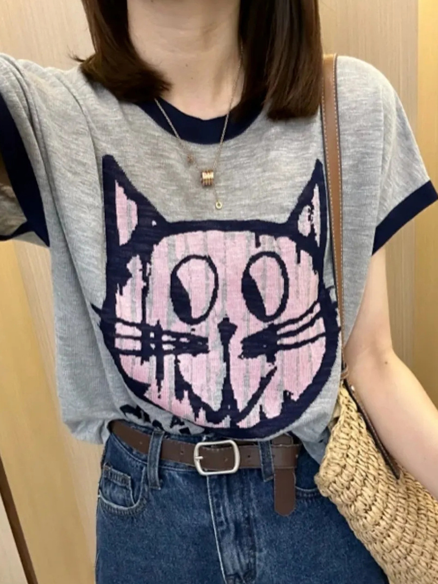Ice Silk Contrasting Color Knitwear Women's Short-Sleeved New Summer Loose Cat Print Thin Versatile Cute Short Top