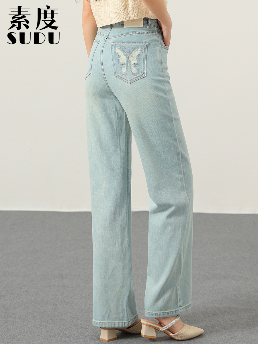 Sudu New Retro Light Color Narrow Edition Straight Leg Pants Women's Tall Look Thin Rear Pocket Butterfly Embroidered Ripped Jeans