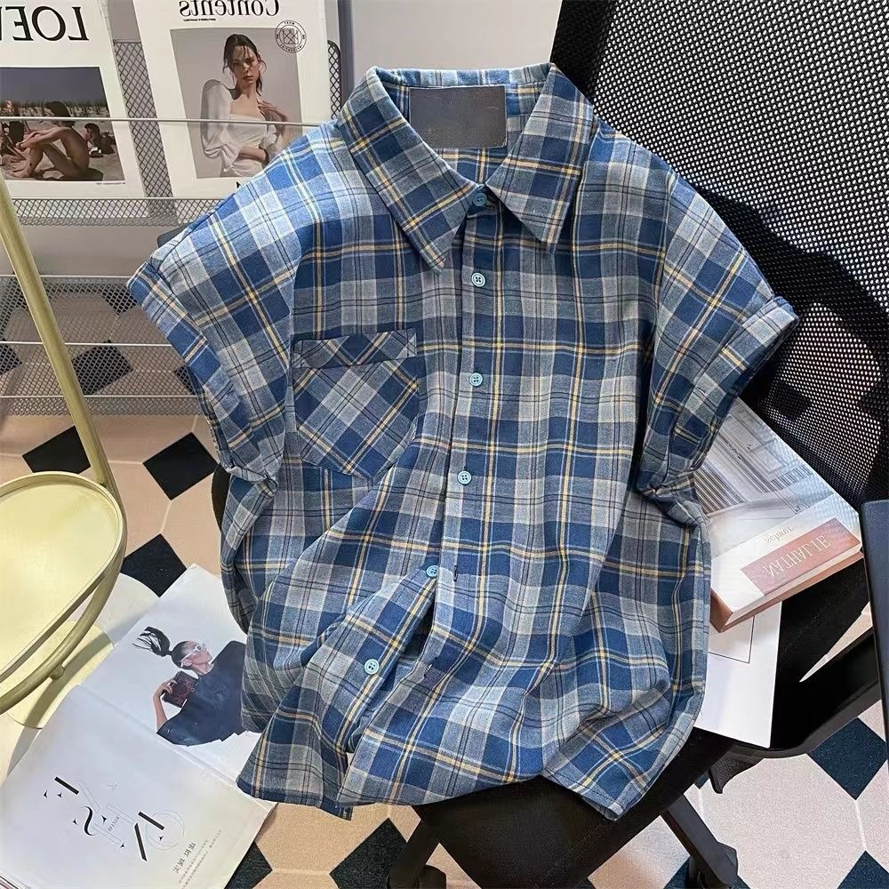 Hong Kong Style Retro Blue Plaid Polo Collar Shirt for Women, Short-Sleeved, Summer, Age-Reducing, Thin, Casual, Loose-Fitting Shirt Top