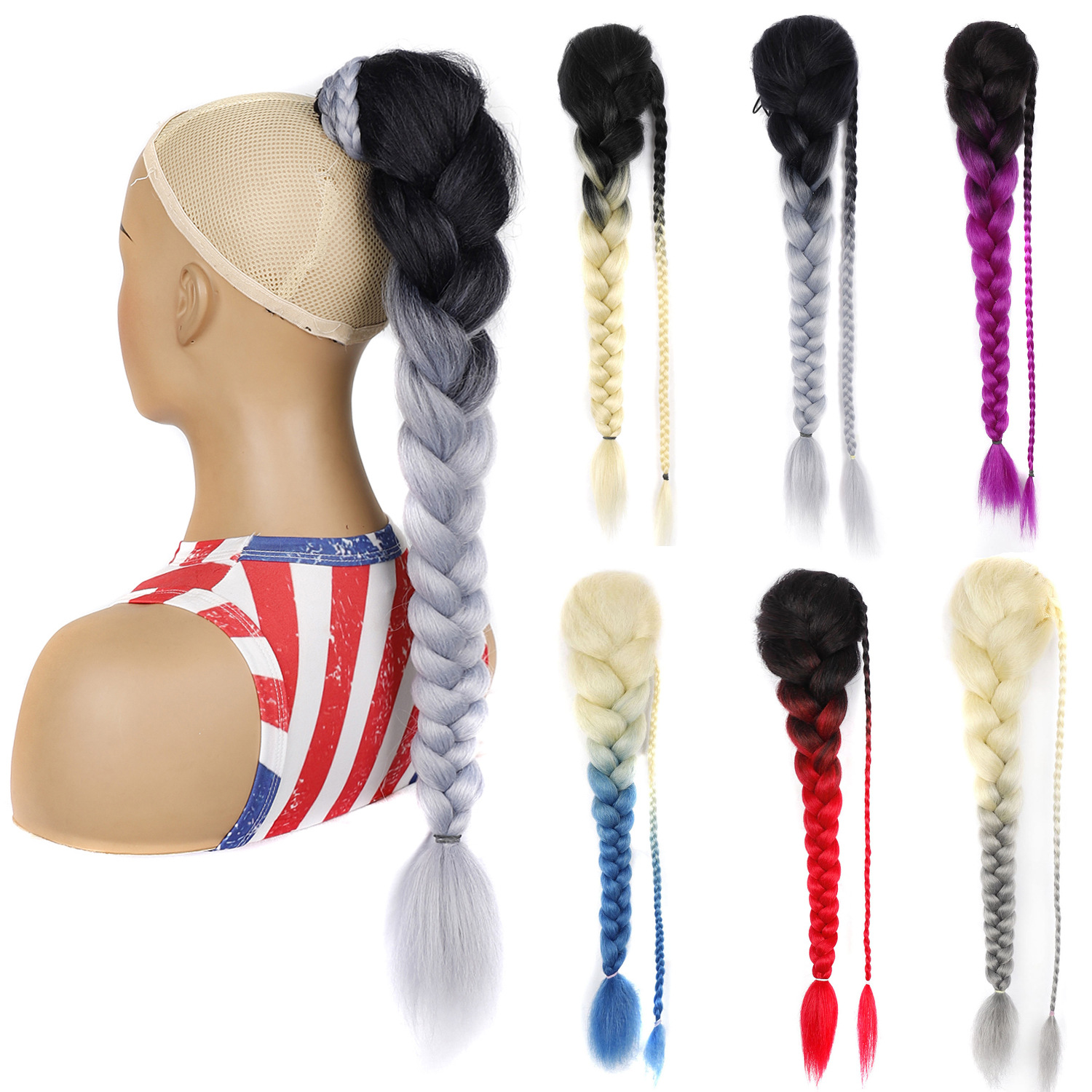 African dirty braid wig ponytail ladies personality three-strand long ponytail wig chemical fiber size color ponytail wholesale
