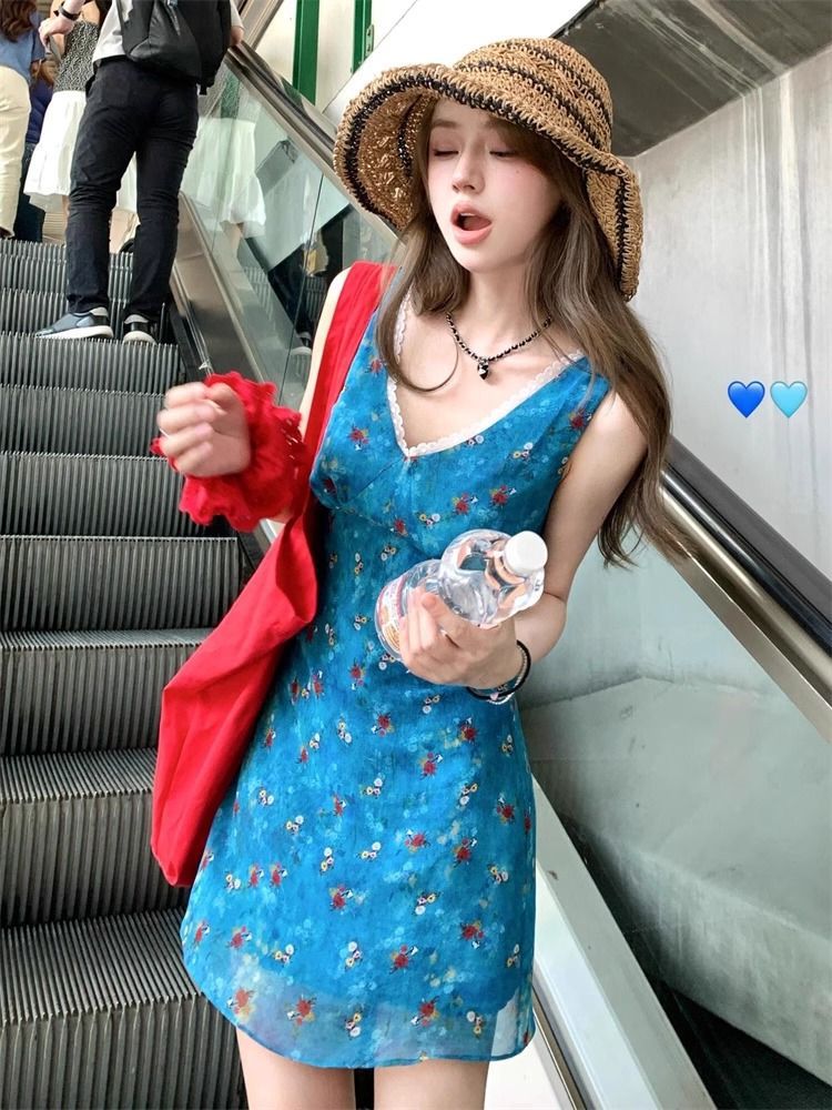 Blue Floral V-Neck Petite Dress for Women, Summer 2026 New Style, Plus Size, Beautiful Vacation Style Short Dress