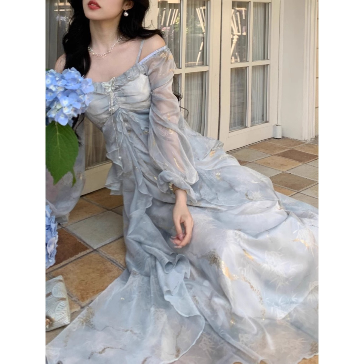 2025 Spring and Autumn Seaside Tourism Temperament Gray Blue Sizzy Fairy Butterfly Ruffled Long Sleeve dress Women