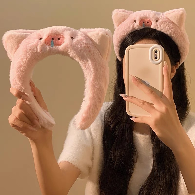 Piggy Huhu ~ Cute Pink Stuffed Hair Bundle Headband Women's Face Wash Makeup Pressure Hair Headband Hair Accessories Headwear Autumn and Winter