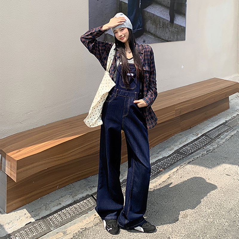 dark blue Retro American-style Suspender Pants Jeans Women's Autumn High Waist Slimming Loose Draped Straight-leg Wide-leg Pants