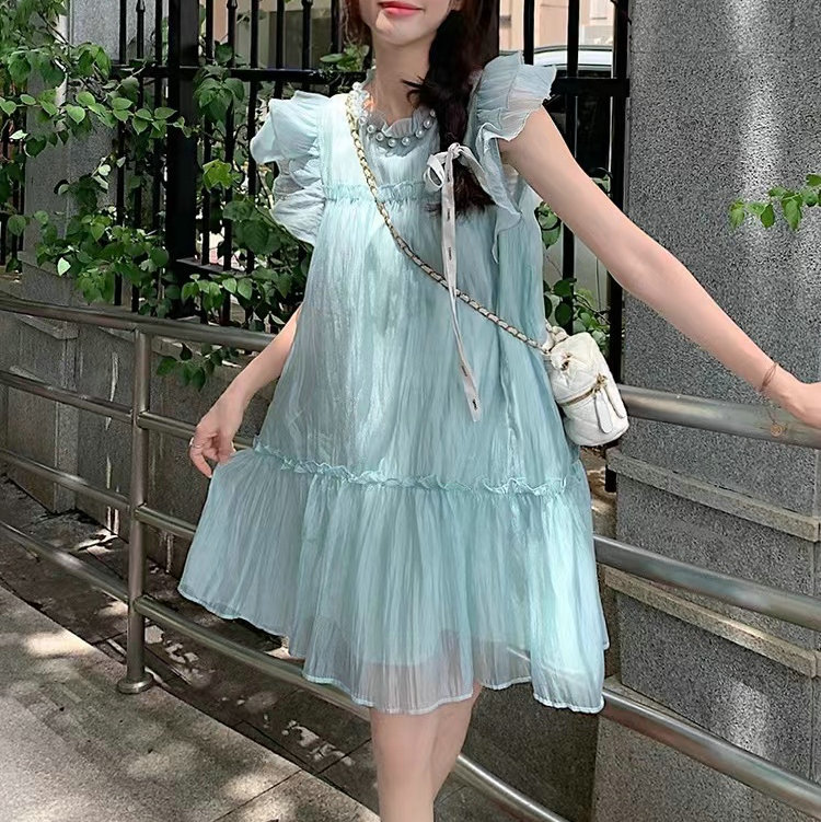 French Sweet Cute Age-reducing Small Flying Sleeve Dress Women's Summer High-end Elegant Fairy Dress Loose Short Skirt
