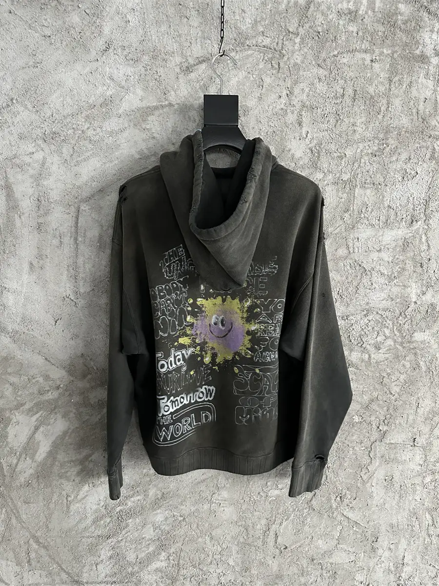 Xuan Battle Brand MMY Clown Graffiti Make Old Ripped High Street Hooded Sweatshirt Mihara Washed-out Vintage Loose Tops