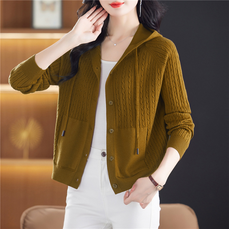 Hooded Twist Knitwear Sweater Coat Spring and Autumn New Sweater Jacket Cardigan Women's Short Outer Baseball Suit