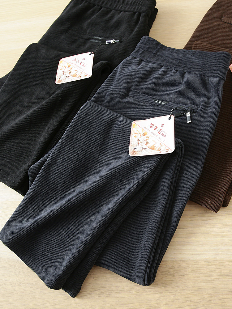 With wool corduroy casual pants men's withdrawal cabinet autumn and winter thick drawstring elastic waist straight long pants LM618