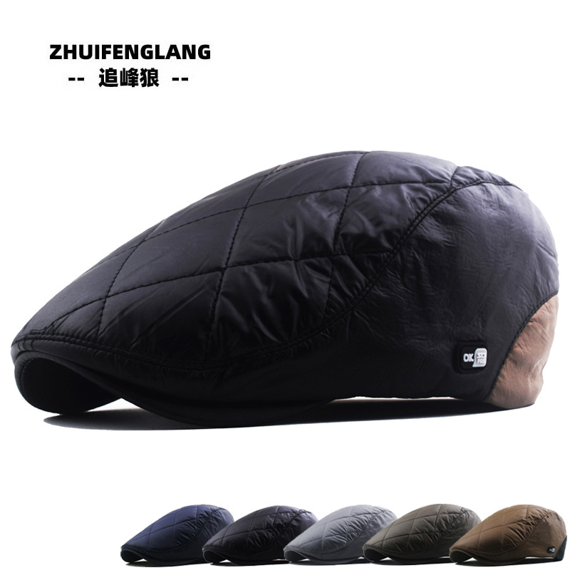 Men's autumn and winter cotton hat glossy fleece-lined thick warm beret young and middle-aged forward hat British literary newspaper Children's hat