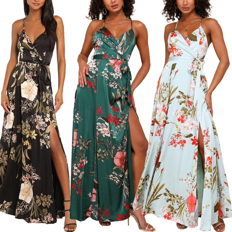 449 European and American Foreign Trade Cross-border V-strap Printed Backless Split Leisure Holiday Beach Commuter Temperament Long Dress