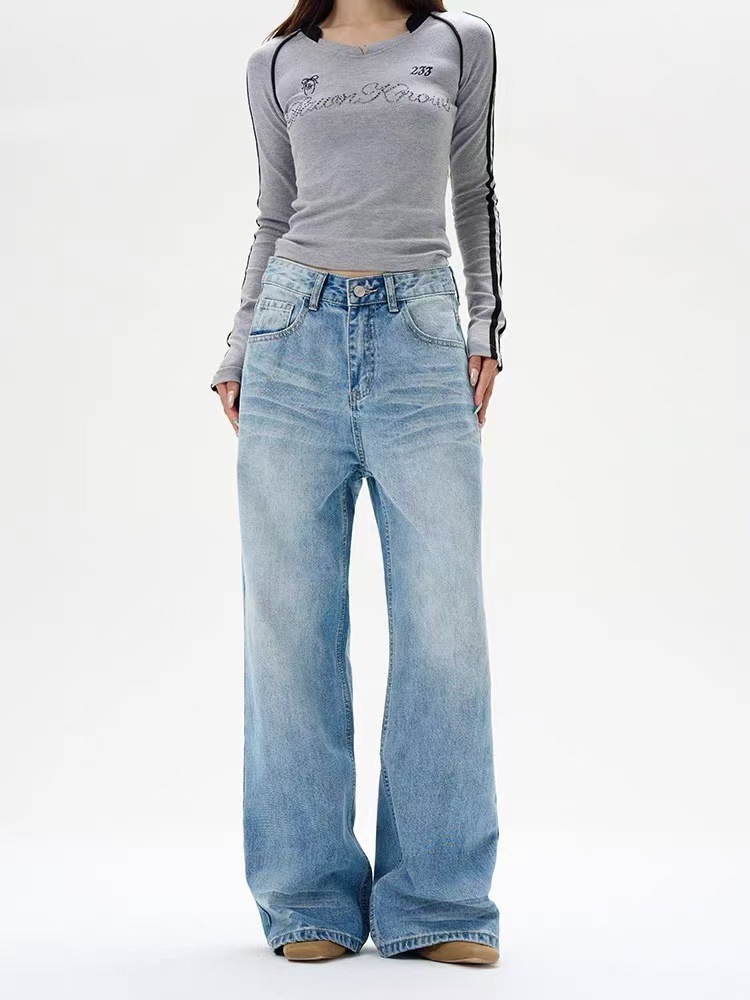 American Style Retro Washed Wide-Leg Jeans Men and Women's Trendy Trendy Loose Straight Casual Long Pants