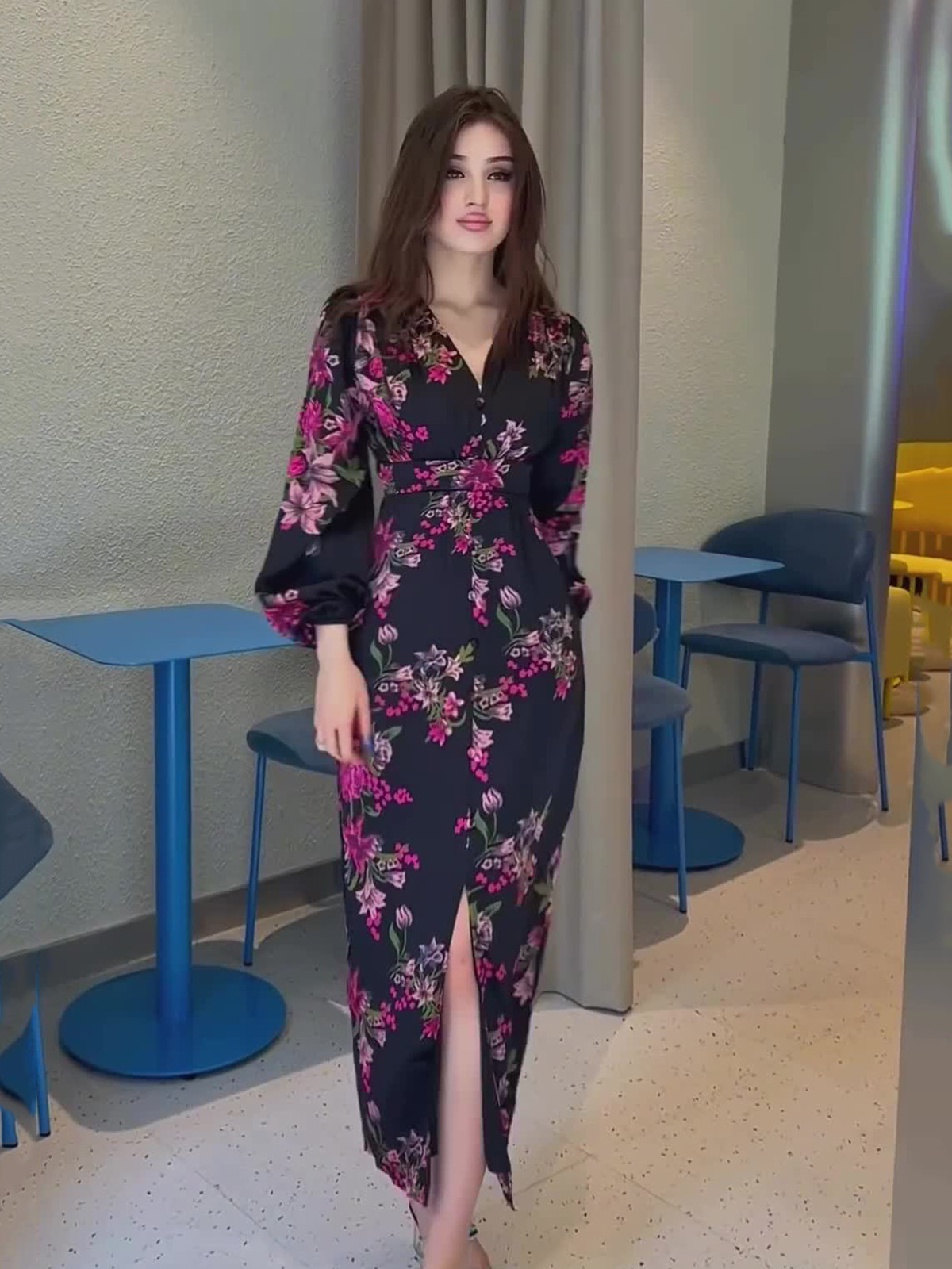 European and American 2026 New Vintage Print V-Neck Long-Sleeve Waist-Cinching Slit Dress for Women, Summer Elegant Slimming Long Dress