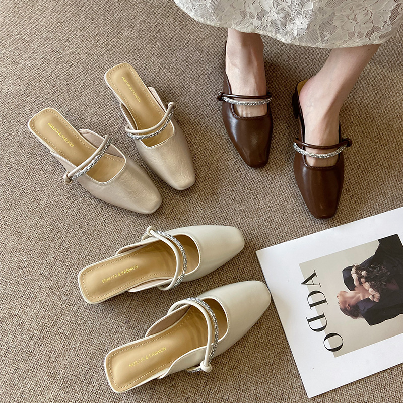 Y052-1 French-Style Slip-On Mules with Skirt, Chunky Heel, Closed-Toe, Women's Half-Slippers, 2026 Summer Fashion Women's Shoes for Outdoor Wear