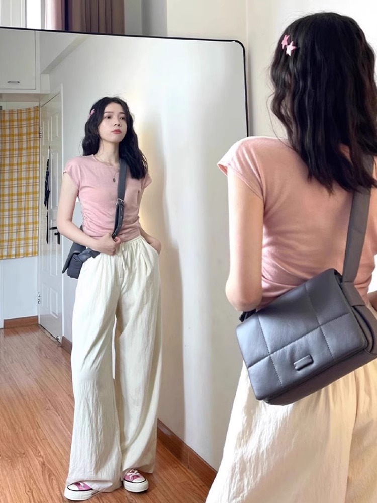 Short-sleeved T-shirt Women's Summer Shoulder French High-end Sense Slim-fit Short High-end Sense Niche Slim-fit Korean Top